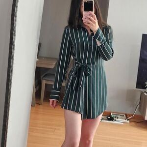L'Academie Green Stripe Wrap Shirt Dress